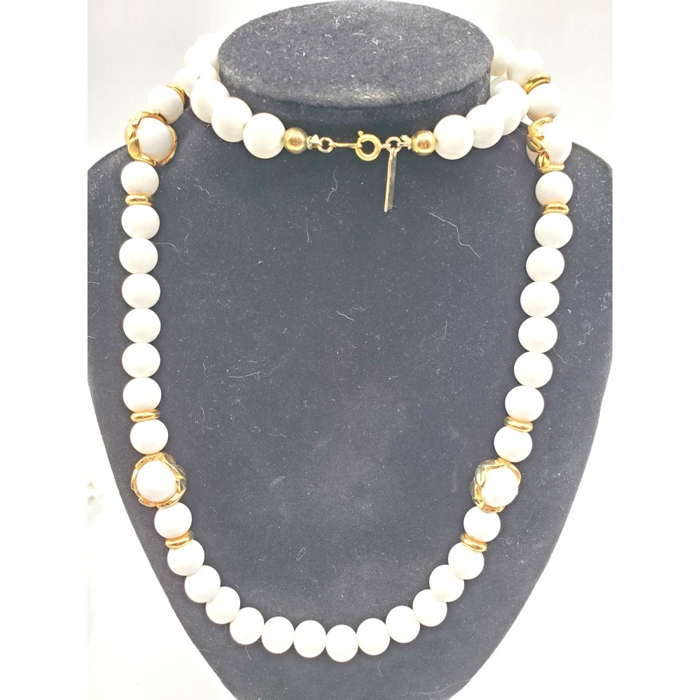 Vintage Jones New York 28" White Bead Necklace Gold Tone Wrapped Stations